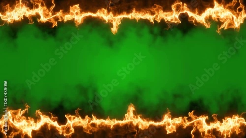 Green screen background framed by intense orange and yellow flames with dark smoke.