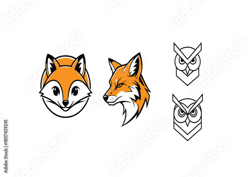Rustic collection of woodland animal icons featuring a sly fox and a wise owl. Vector logo set for nature-themed brands
