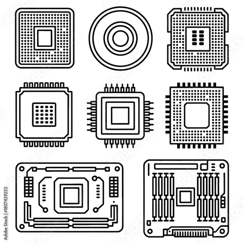 Collection of computer processor and motherboard icons showcasing technological advancement and circuit board design isolated on white background