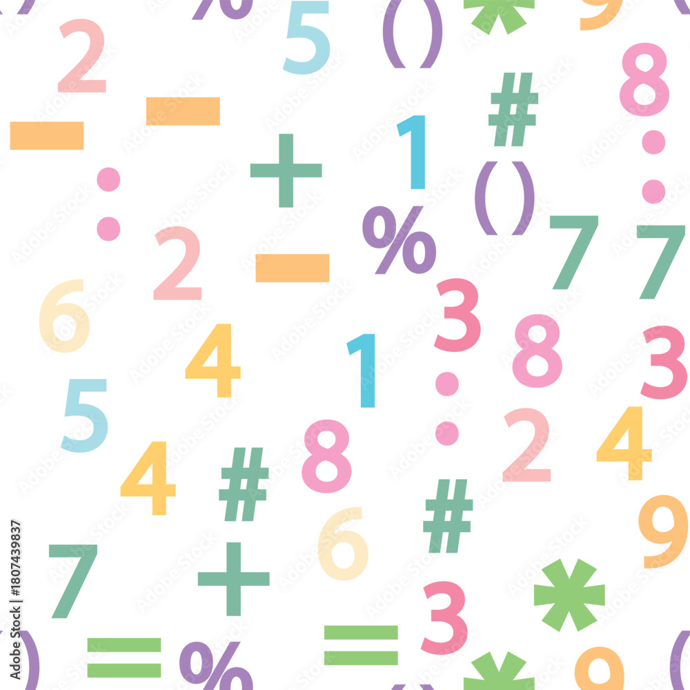 Obraz premium Colorful numbers, math symbols and formulas seamless pattern. Kindergarten, school, classroom and childrens playroom
