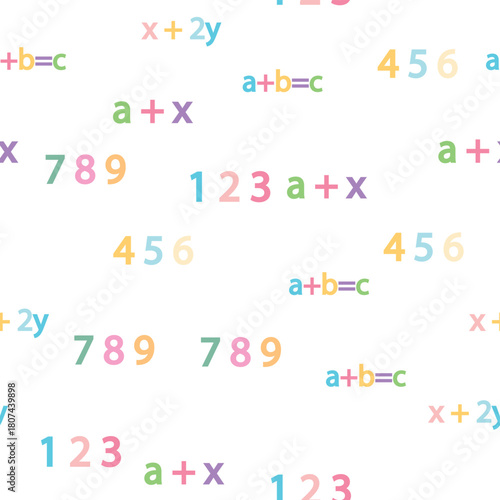 Seamless pattern with mathematical formulas and numbers. Algebra and geometry, calculations tangent, cotangent, sine, cosine.