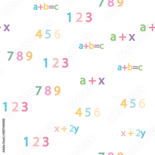 Seamless pattern with mathematical formulas and numbers. Algebra and geometry, calculations tangent, cotangent, sine, cosine.