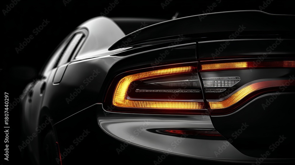 Fototapeta premium Sleek black car showcasing modern taillight design with a sporty spoiler, perfect for automotive enthusiasts and luxury lifestyle promotions
