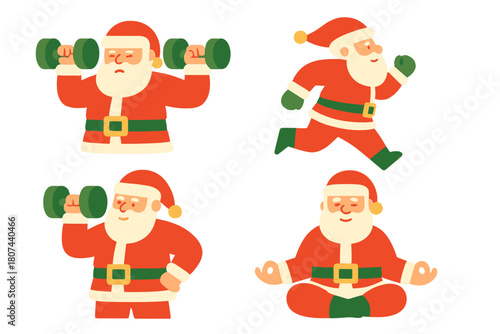 Christmas fitness flat icon set. featuring santa lifting weights, running, meditating.