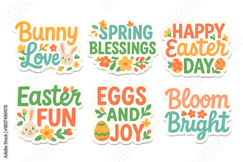 Easter messages flat icon set. featuring happy easter, bunny love, spring blessings, eggs and joy, bloom bright