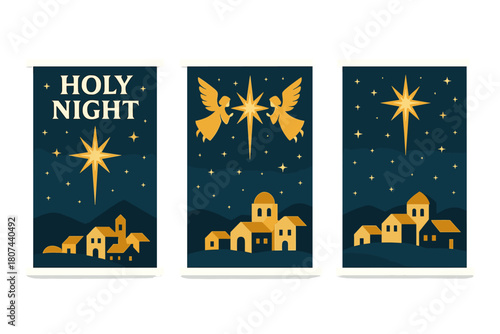 Christmas silhouette icon set. featuring holy night, angels, stars, nativity scene, and village.