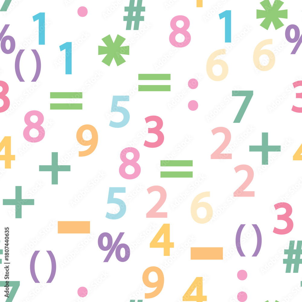 Obraz premium Colorful numbers, math symbols and formulas seamless pattern. Kindergarten, school, classroom and childrens playroom