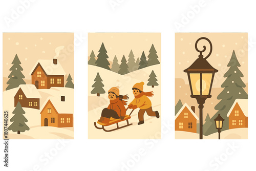 Winter activities flat icon set. featuring snow-covered houses, sledding, and vintage street lamp
