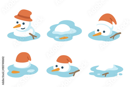 Winter melting linear icon set. featuring snowman, snow, puddle, hat, and melting stages
