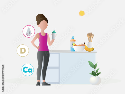 Woman holding shaker drinking sports nutrition supplement