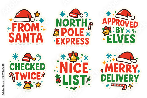 Christmas silhouette icon set. featuring santa hat, north pole, elf approval, checklist, nice list, and delivery symbols