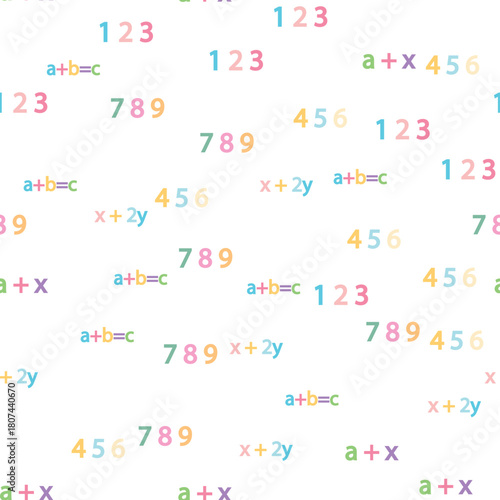Seamless pattern with mathematical formulas and numbers. Algebra and geometry, calculations tangent, cotangent, sine, cosine.