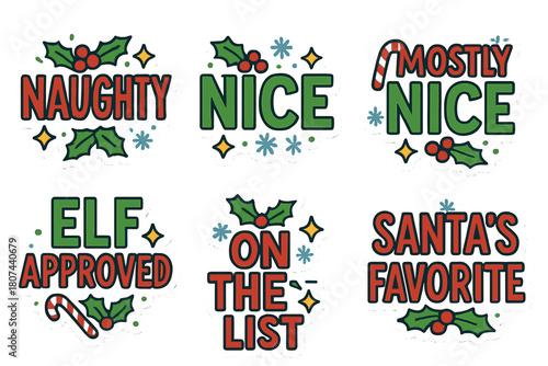 Christmas holiday silhouette icon set. featuring naughty, nice, mostly nice, elf approved, on the list, santa's favorite