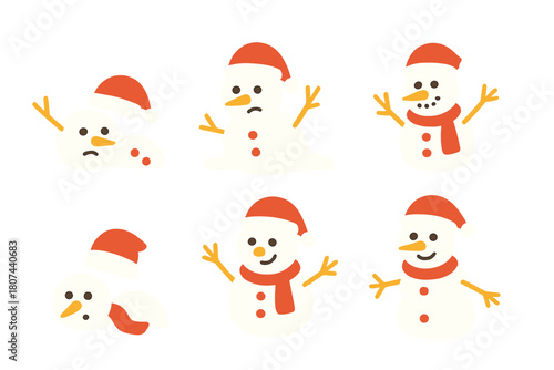 Christmas snowmen flat icon set. featuring melting snowman, happy snowman, sad snowman, and more.
