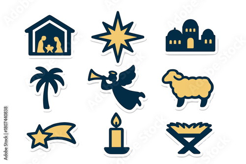 Nativity christmas silhouette icon set. featuring stable, star, bethlehem, palm, angel, sheep, candle, manger