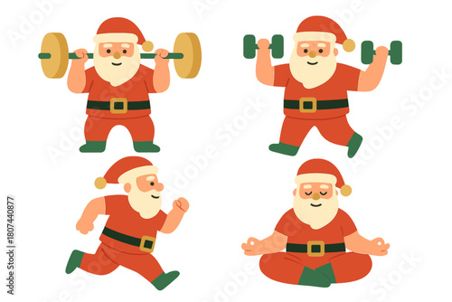 Fitness santa flat icon set. featuring weightlifting, dumbbells, running, and meditation symbols