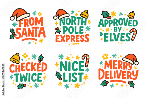 Christmas greeting flat icons set. featuring santa, north pole, elves, checked, nice list, merry delivery
