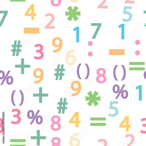 Colorful numbers, math symbols and formulas seamless pattern. Kindergarten, school, classroom and childrens playroom