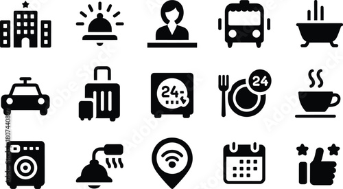 Collection of hotel and travel service icons for hospitality and accommodation industry