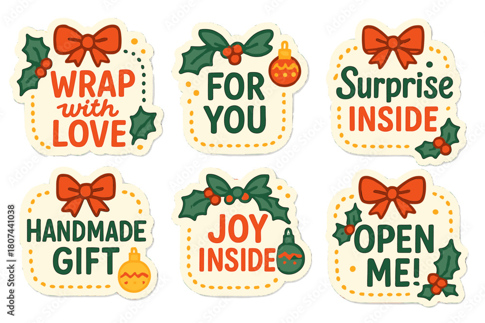 Fototapeta premium Christmas messages flat icon set. featuring wrap with love, handmade gift, joy inside, surprise inside, open me!