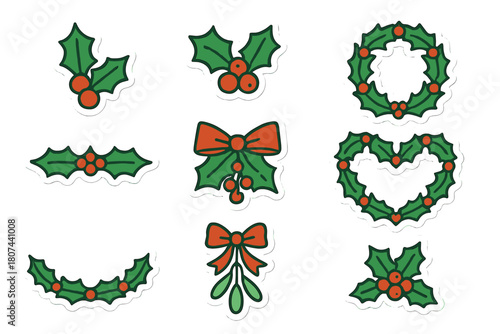 Christmas decorations flat icon set. featuring holly, wreaths, bow, and mistletoe symbols