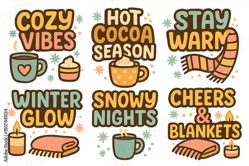 Cozy winter phrases flat icon set. featuring cocoa, scarf, blanket, candle, and vibes symbols