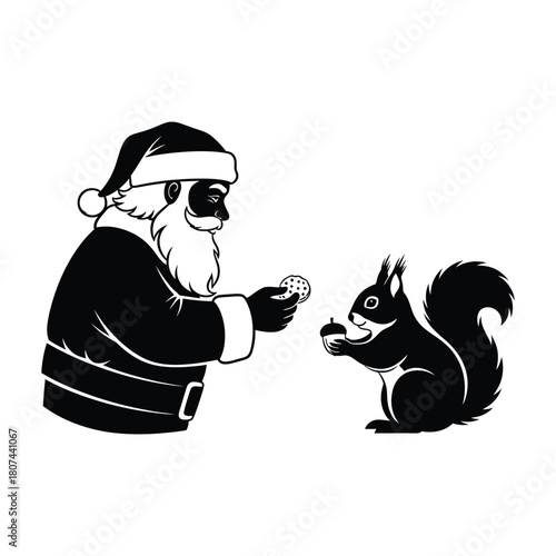 Santa claus shares a sweet chocolate chip cookie with a friendly winter squirrel that is holding its own acorn treat.