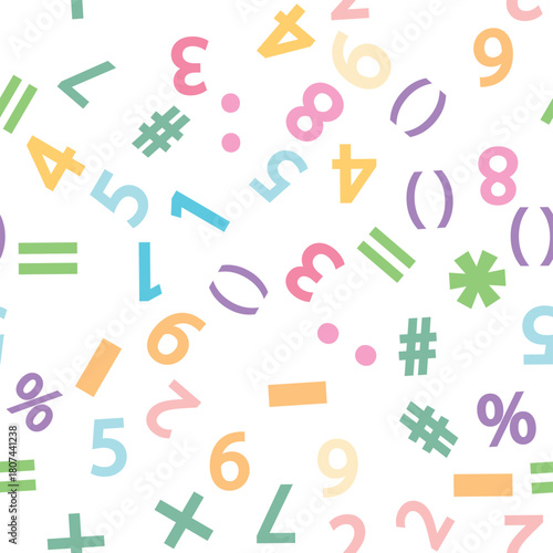 Colorful numbers, math symbols and formulas seamless pattern. Kindergarten, school, classroom and childrens playroom