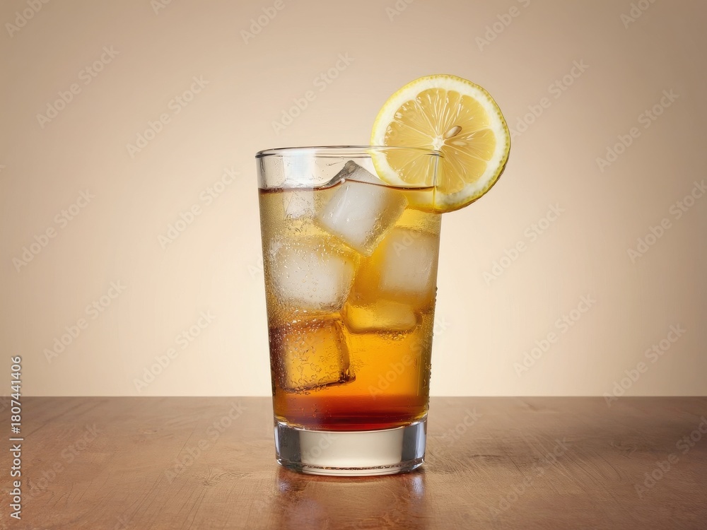 Fototapeta premium Refreshing Arnold Palmer made with iced tea, lemonade, ice cubes, and a lemon wedge. Ideal for beverage brands, cafe menus