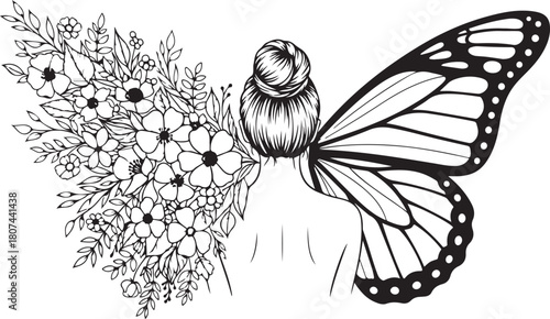 Woman with flowers and butterfly wing vector illustration
