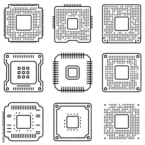 Set of different computer processor chips isolated on white background for electronic device manufacturing industry