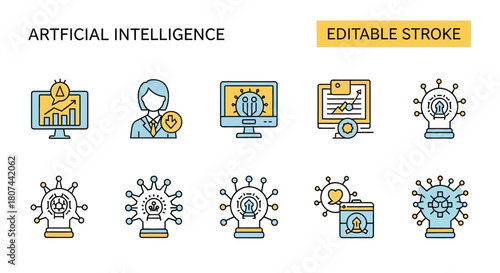 My sleek line collection of artificial intelligence icons. This set includes concepts for machine learning, data science, and futuristic technology in a colorful, editable stroke design