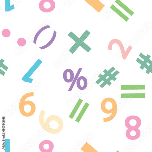 Colorful numbers, math symbols and formulas seamless pattern. Kindergarten, school, classroom and childrens playroom