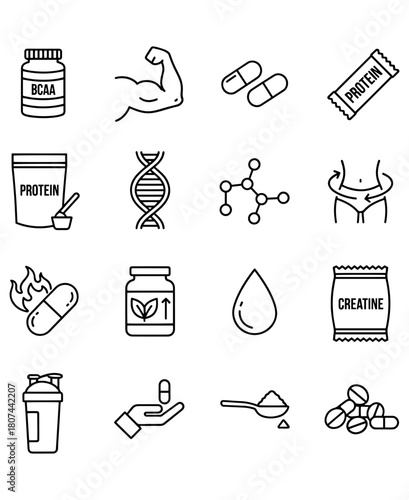Set of Fitness & Supplement Icons,
Fitness & Supplement Icons,
Minimalist Black Line Illustrations of Health, Nutrition & Bodybuilding