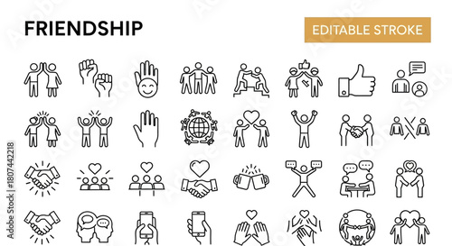 Versatile Outline Icon Collection Representing Friendship, Community, and Human Connection, Perfect for Social Interaction and Relationship Themes