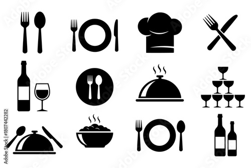 set of restaurant icons,
Food & Dining Silhouette Icons,
Minimalist Black Pictograms for Restaurants & Cuisine