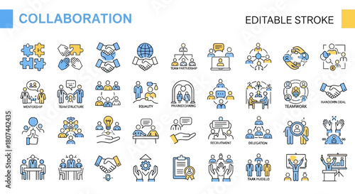 Sleek Line Icon Collection for Business Collaboration, Teamwork, and Partnership – Modern Outline Symbols for Communication and Corporate Strategy