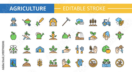 Sleek Line Agriculture Icons Collection for Farming and Gardening | Editable Vector Stroke Symbols for Cultivation and Harvest
