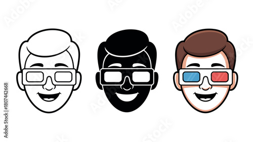 Three stylized cartoon heads wearing 3D glasses in different illustration styles: outline, silhouette, and full color.