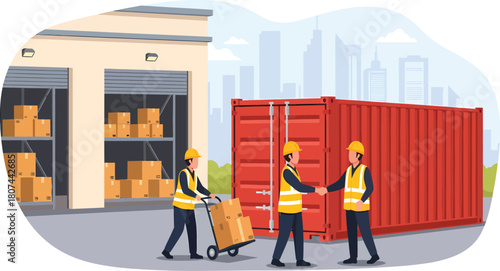 Warehouse workers unloading cargo and shaking hands in logistics industry illustration
