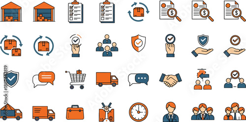 Collection of business and logistics icons including delivery, protection, and teamwork illustration
