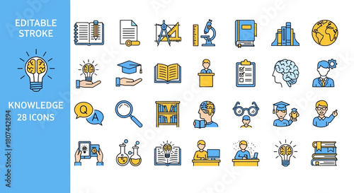 A modern sleek line icon collection symbolizing education, learning, science, and creative thinking
