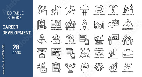 Professional growth and business skills icon set. A sleek line collection illustrating concepts like leadership, goal setting, and human resources