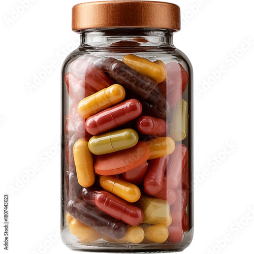 Stock photo of vitamins and supplements in a jar for health and wellness and daily nutrition needs