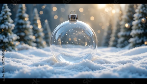 Shiny Christmas ball resting gently on soft white snow, reflecting festive light and winter charm, creating a peaceful holiday scene perfect for seasonal greetings, decorations, and Christmas-themed 