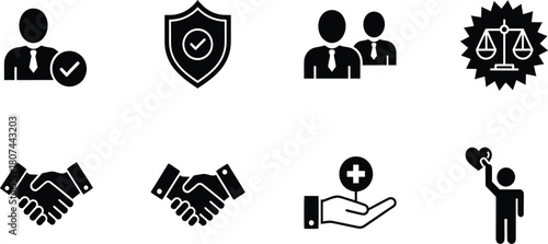 Business icons representing partnership, agreement, legal, and professional services illustration
