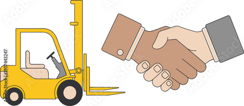 Forklift and handshake symbolizing business deal and industrial partnership illustration
