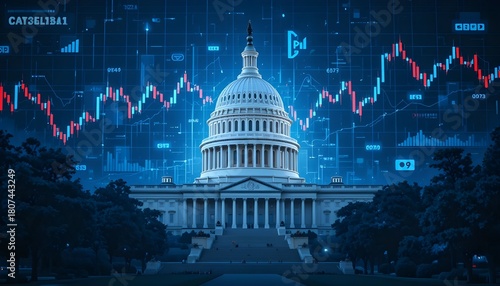 U.S. Capitol building with futuristic digital stock market graphics symbolizing economic policy, financial trends, government influence, and national market fluctuations
