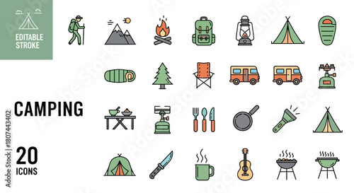 Camping icons set Explore the outdoors with essential equipment and adventure symbols in line art