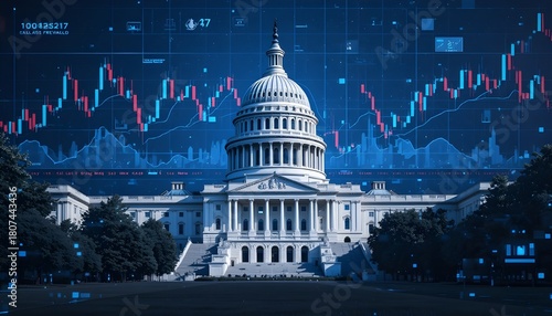 U.S. Capitol building with digital stock market charts overlay symbolizing finance, politics, economic trends, government decisions, and global market impact